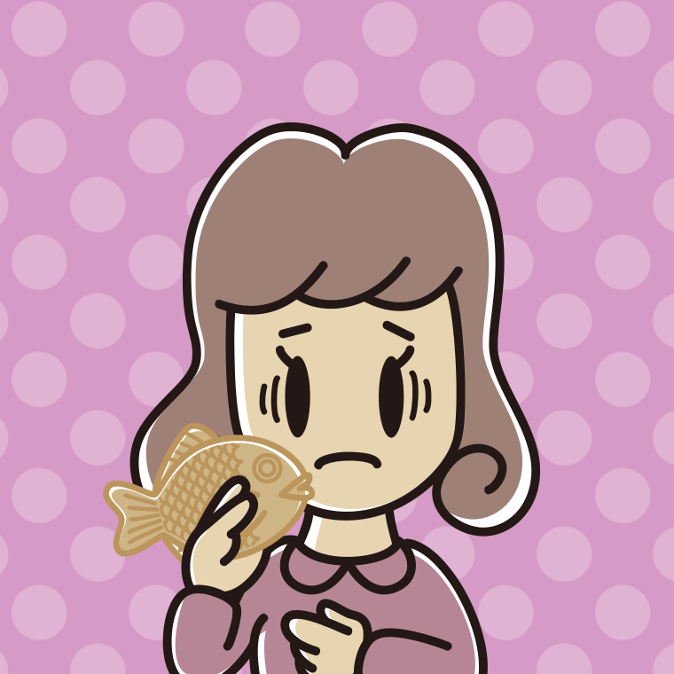 たい焼きで困る女子大学生のイラスト【色、背景あり】PNG