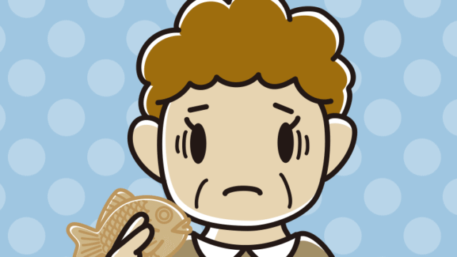 たい焼きで困るおばさんのイラスト【色、背景あり】PNG
