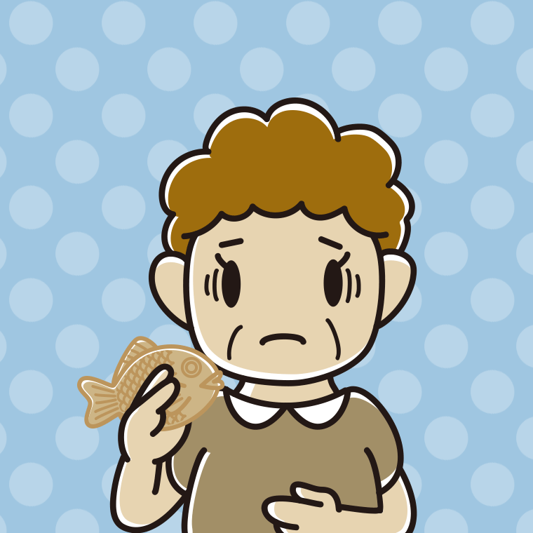 たい焼きで困るおばさんのイラスト【色、背景あり】PNG