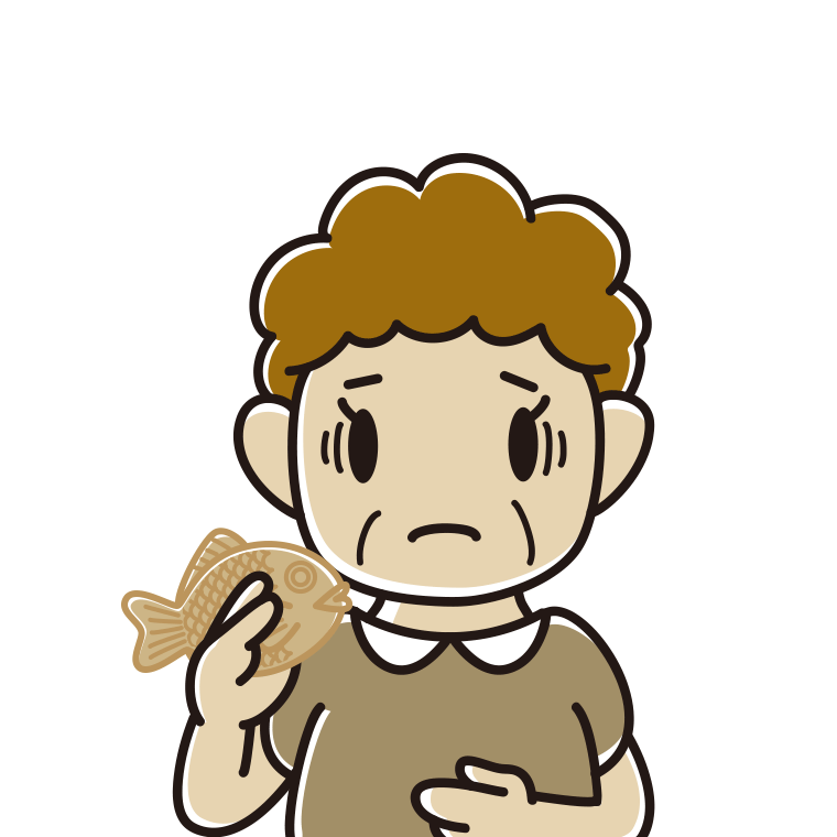 たい焼きで困るおばさんのイラスト【色あり、背景なし】透過PNG