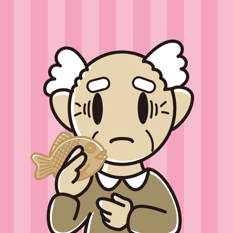 たい焼きで困るおじいさんのイラスト【色、背景あり】PNG