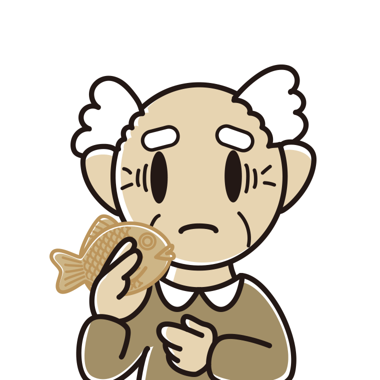たい焼きで困るおじいさんのイラスト【色あり、背景なし】透過PNG
