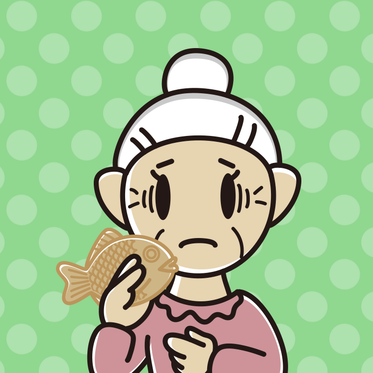 たい焼きで困るおばあさんのイラスト【色、背景あり】PNG