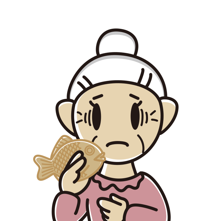 たい焼きで困るおばあさんのイラスト【色あり、背景なし】透過PNG