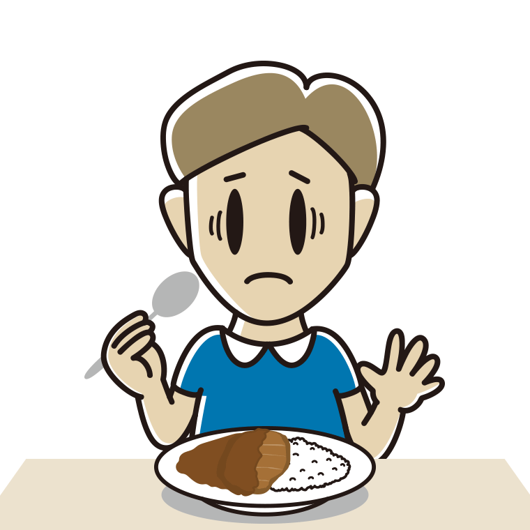 カツカレーで困る男性のイラスト【色あり、背景なし】透過PNG