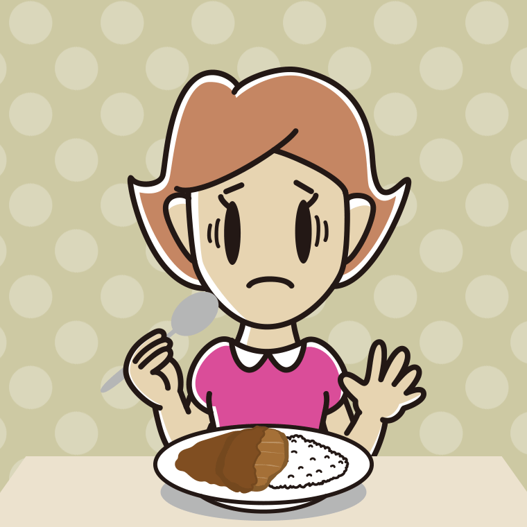 カツカレーで困る女性のイラスト【色、背景あり】PNG