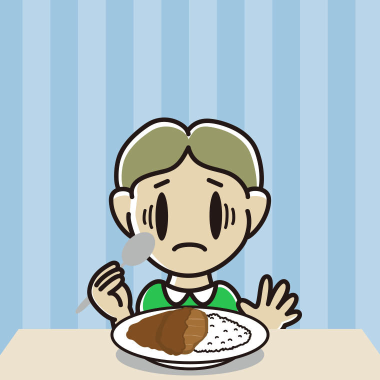 カツカレーで困る小学生男子のイラスト【色、背景あり】PNG
