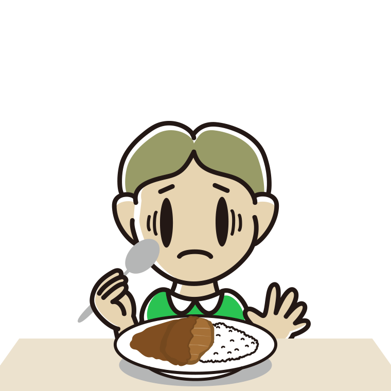 カツカレーで困る小学生男子のイラスト【色あり、背景なし】透過PNG