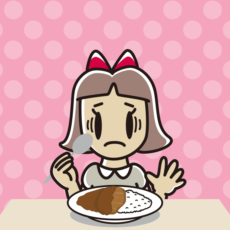 カツカレーで困る小学生女子のイラスト【色、背景あり】PNG