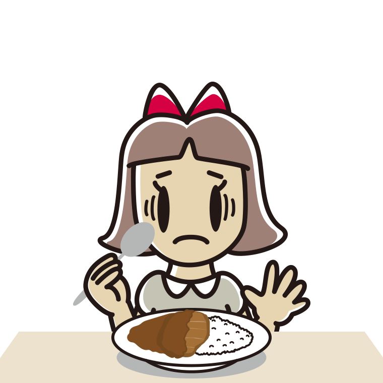 カツカレーで困る小学生女子のイラスト【色あり、背景なし】透過PNG