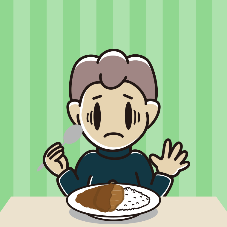 カツカレーで困る男子中学生のイラスト【色、背景あり】PNG