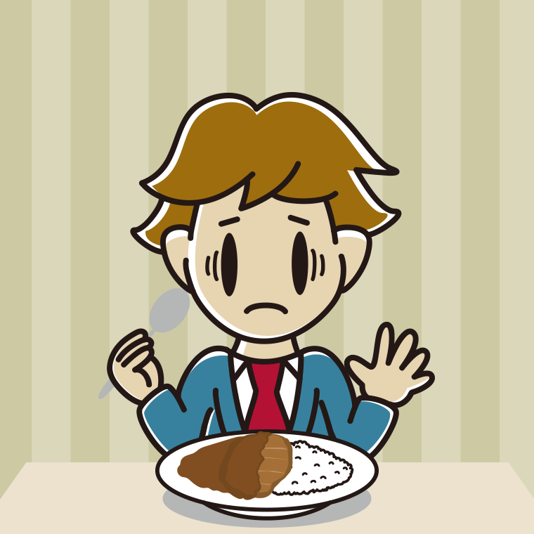 カツカレーで困る男子高校生のイラスト【色、背景あり】PNG