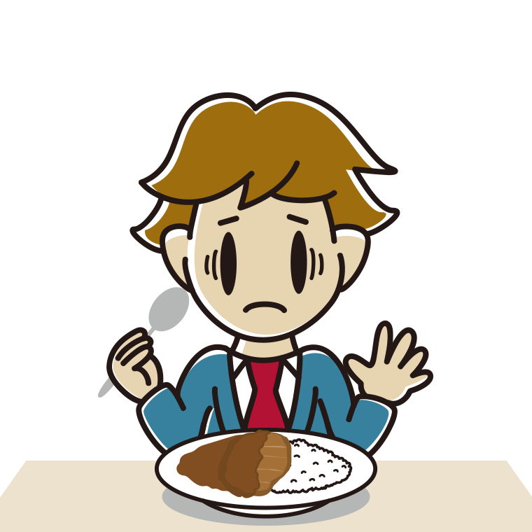 カツカレーで困る男子高校生のイラスト【色あり、背景なし】透過PNG