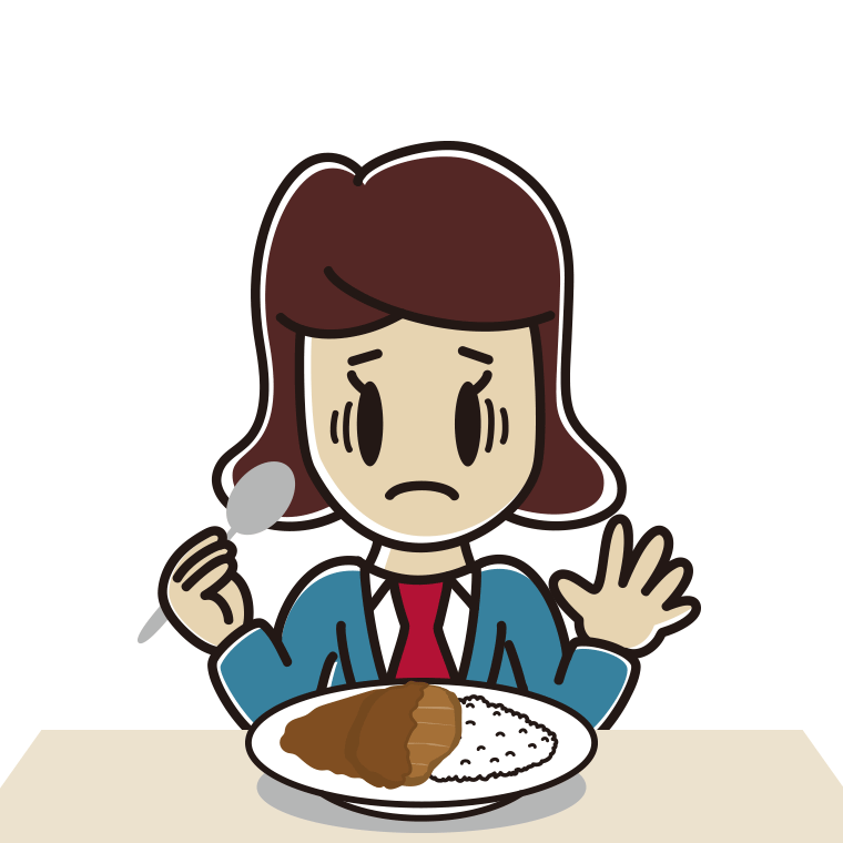 カツカレーで困る女子高校生のイラスト【色あり、背景なし】透過PNG