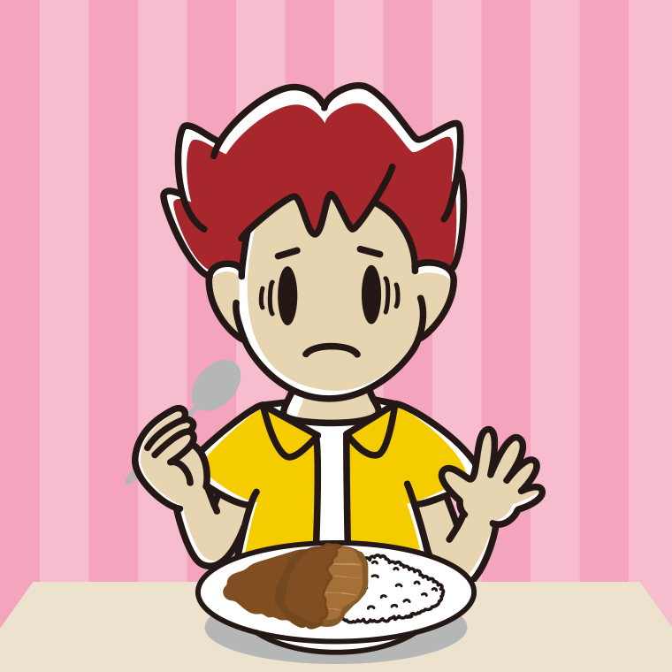 カツカレーで困る男子大学生のイラスト【色、背景あり】PNG