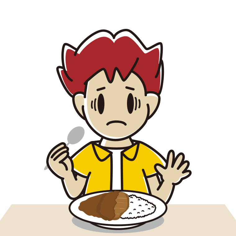カツカレーで困る男子大学生のイラスト【色あり、背景なし】透過PNG