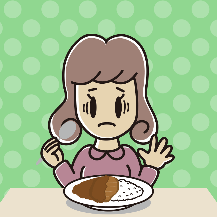 カツカレーで困る女子大学生のイラスト【色、背景あり】PNG