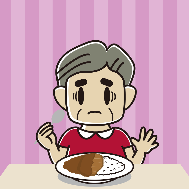カツカレーで困るおじさんのイラスト【色、背景あり】PNG