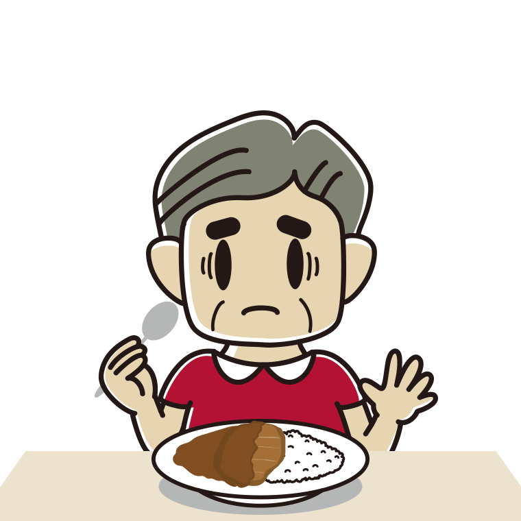 カツカレーで困るおじさんのイラスト【色あり、背景なし】透過PNG