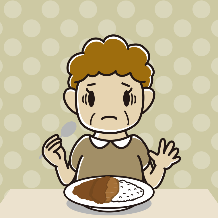 カツカレーで困るおばさんのイラスト【色、背景あり】PNG