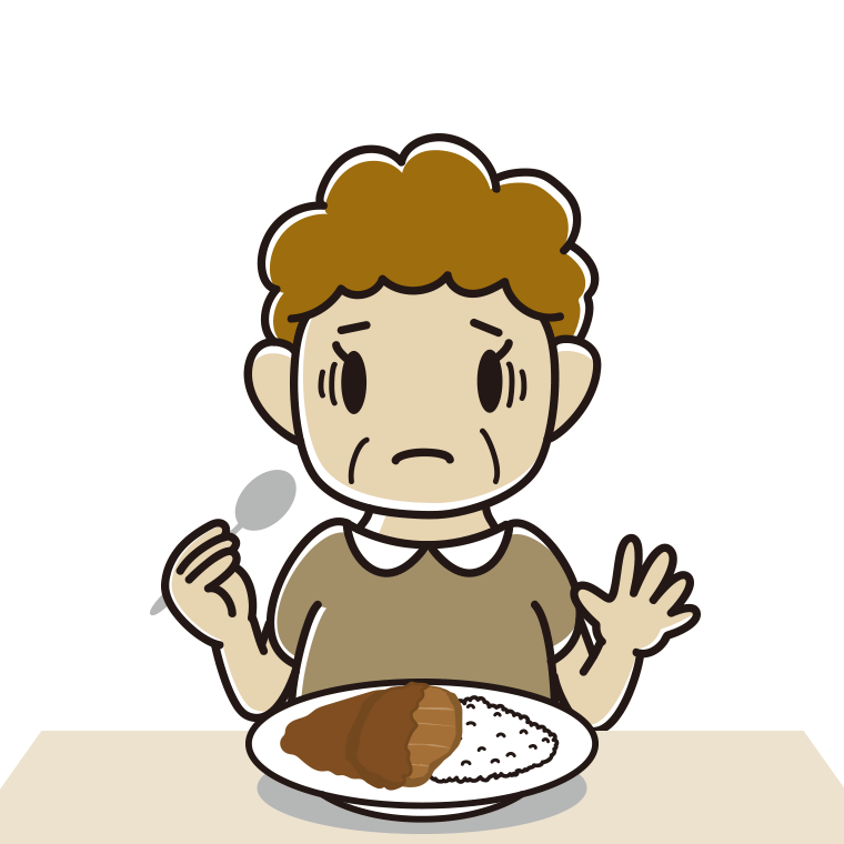 カツカレーで困るおばさんのイラスト【色あり、背景なし】透過PNG