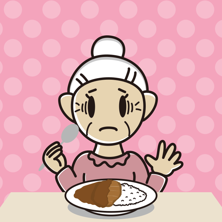 カツカレーで困るおばあさんのイラスト【色、背景あり】PNG
