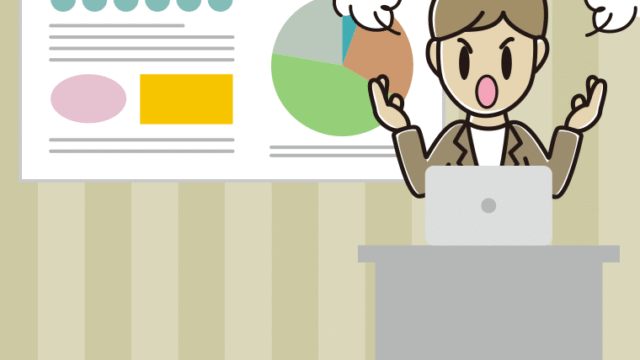 プレゼンで怒る男性会社員（カジュアル）のイラスト【色、背景あり】PNG