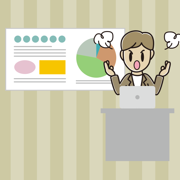 プレゼンで怒る男性会社員（カジュアル）のイラスト【色、背景あり】PNG