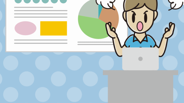 プレゼンで怒る男性会社員（クールビズ）のイラスト【色、背景あり】PNG