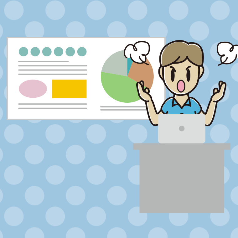 プレゼンで怒る男性会社員（クールビズ）のイラスト【色、背景あり】PNG