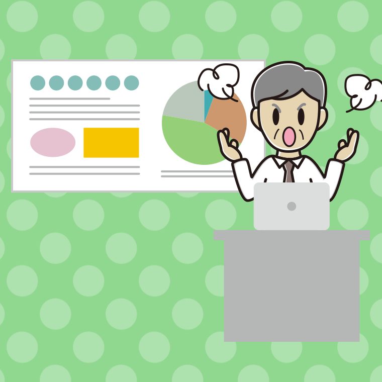 プレゼンで怒る年配男性会社員（ワイシャツ）のイラスト【色、背景あり】PNG