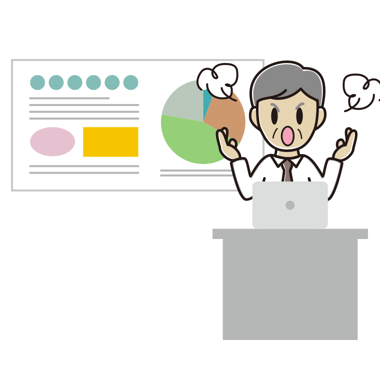 プレゼンで怒る年配男性会社員（ワイシャツ）のイラスト【色あり、背景なし】透過PNG