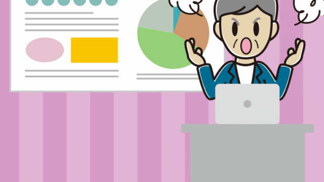 プレゼンで怒る年配男性会社員（カジュアル）のイラスト【色、背景あり】PNG