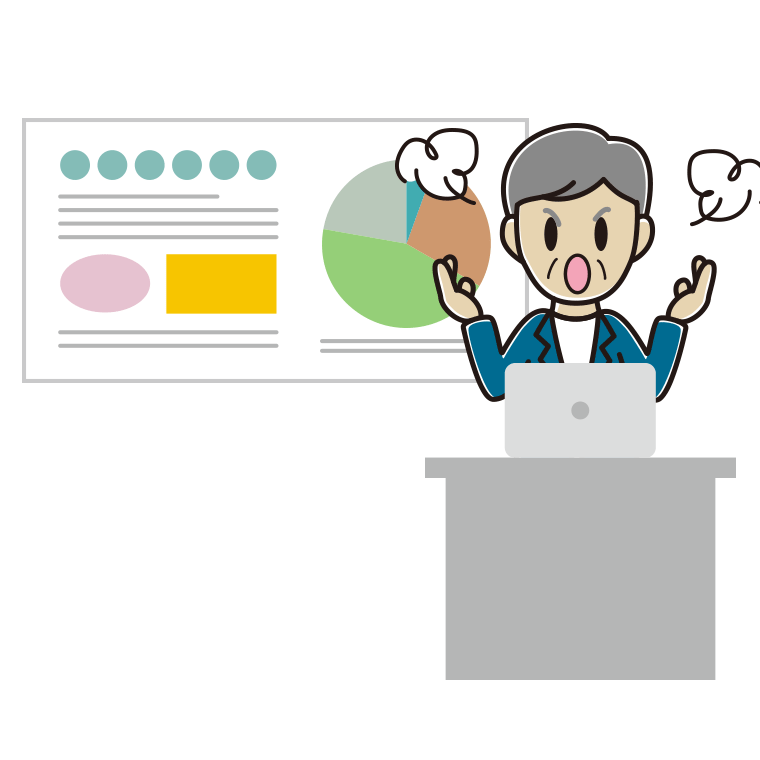 プレゼンで怒る年配男性会社員（カジュアル）のイラスト【色あり、背景なし】透過PNG