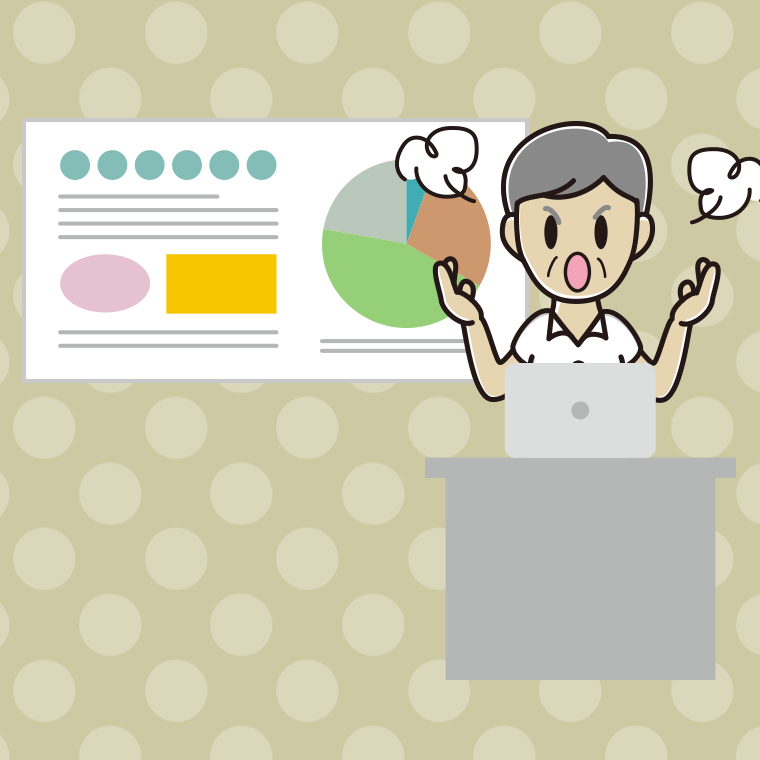 プレゼンで怒る年配男性会社員（クールビズ）のイラスト【色、背景あり】PNG