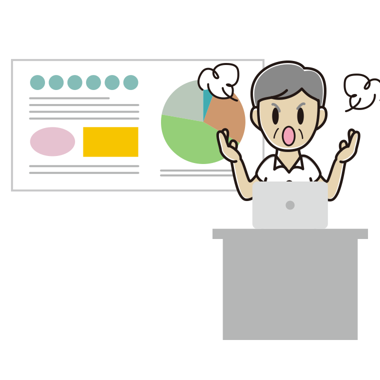 プレゼンで怒る年配男性会社員（クールビズ）のイラスト【色あり、背景なし】透過PNG