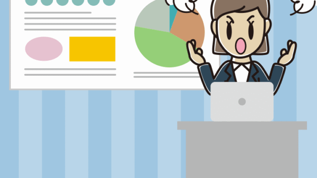 プレゼンで怒る女性会社員のイラスト【色、背景あり】PNG