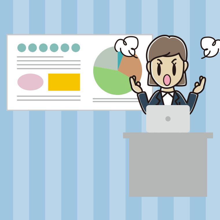 プレゼンで怒る女性会社員のイラスト【色、背景あり】PNG