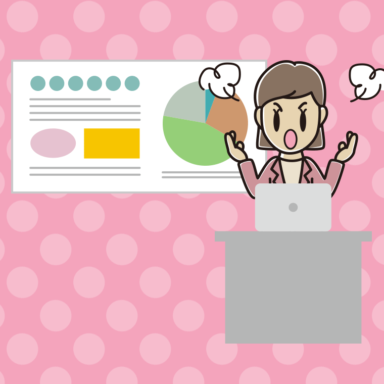 プレゼンで怒る女性会社員（カジュアル）のイラスト【色、背景あり】PNG