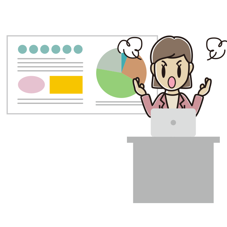 プレゼンで怒る女性会社員（カジュアル）のイラスト【色あり、背景なし】透過PNG