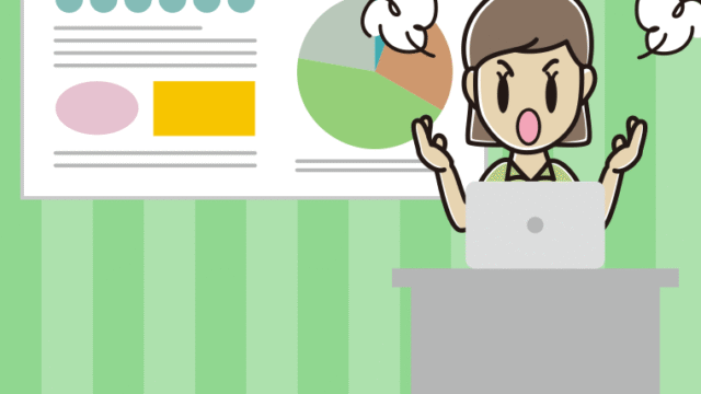 プレゼンで怒る女性会社員（クールビズ）のイラスト【色、背景あり】PNG