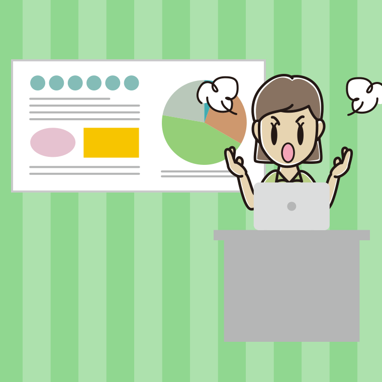 プレゼンで怒る女性会社員（クールビズ）のイラスト【色、背景あり】PNG
