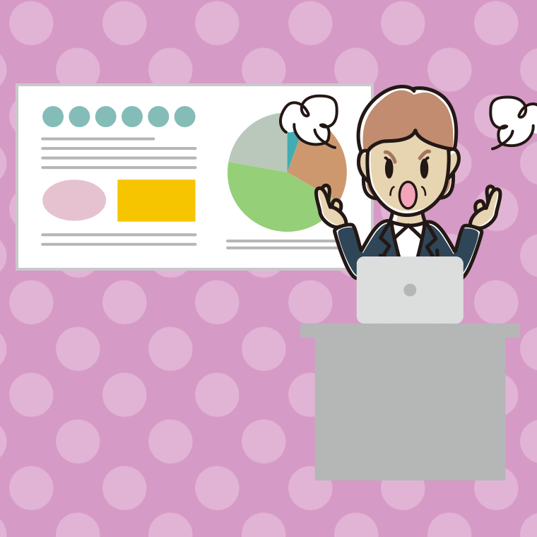 プレゼンで怒る年配女性会社員のイラスト【色、背景あり】PNG