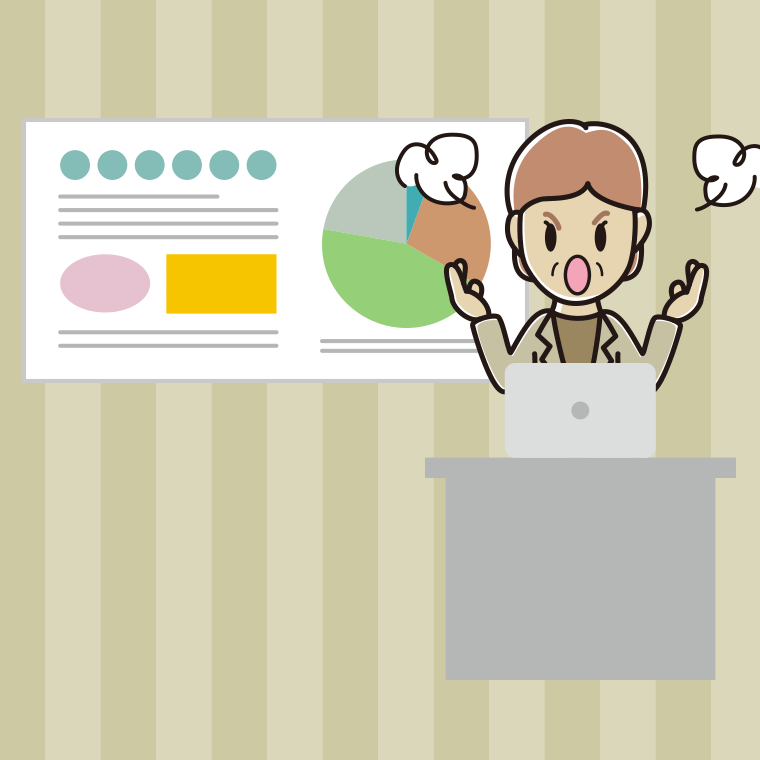 プレゼンで怒る年配女性会社員（カジュアル）のイラスト【色、背景あり】PNG