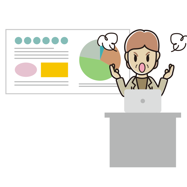 プレゼンで怒る年配女性会社員（カジュアル）のイラスト【色あり、背景なし】透過PNG
