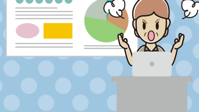 プレゼンで怒る年配女性会社員（クールビズ）のイラスト【色、背景あり】PNG