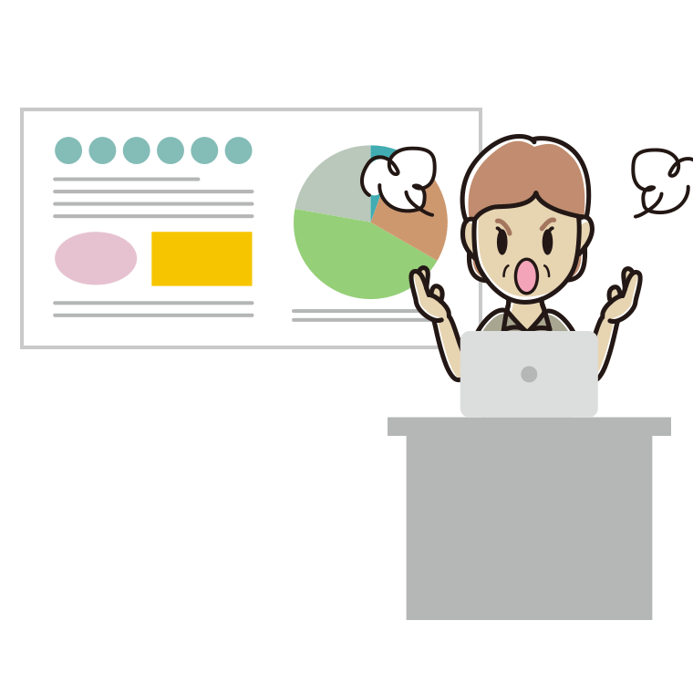 プレゼンで怒る年配女性会社員（クールビズ）のイラスト【色あり、背景なし】透過PNG