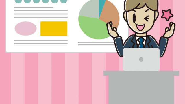 プレゼンでウインクする男性会社員のイラスト【色、背景あり】PNG