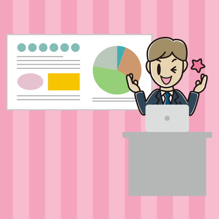 プレゼンでウインクする男性会社員のイラスト【色、背景あり】PNG