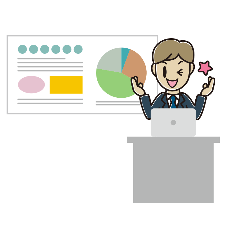 プレゼンでウインクする男性会社員のイラスト【色あり、背景なし】透過PNG